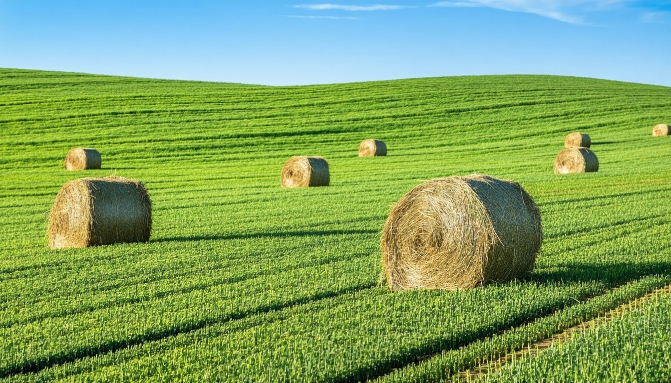 A lush, green field with neatly stacked bales of h
